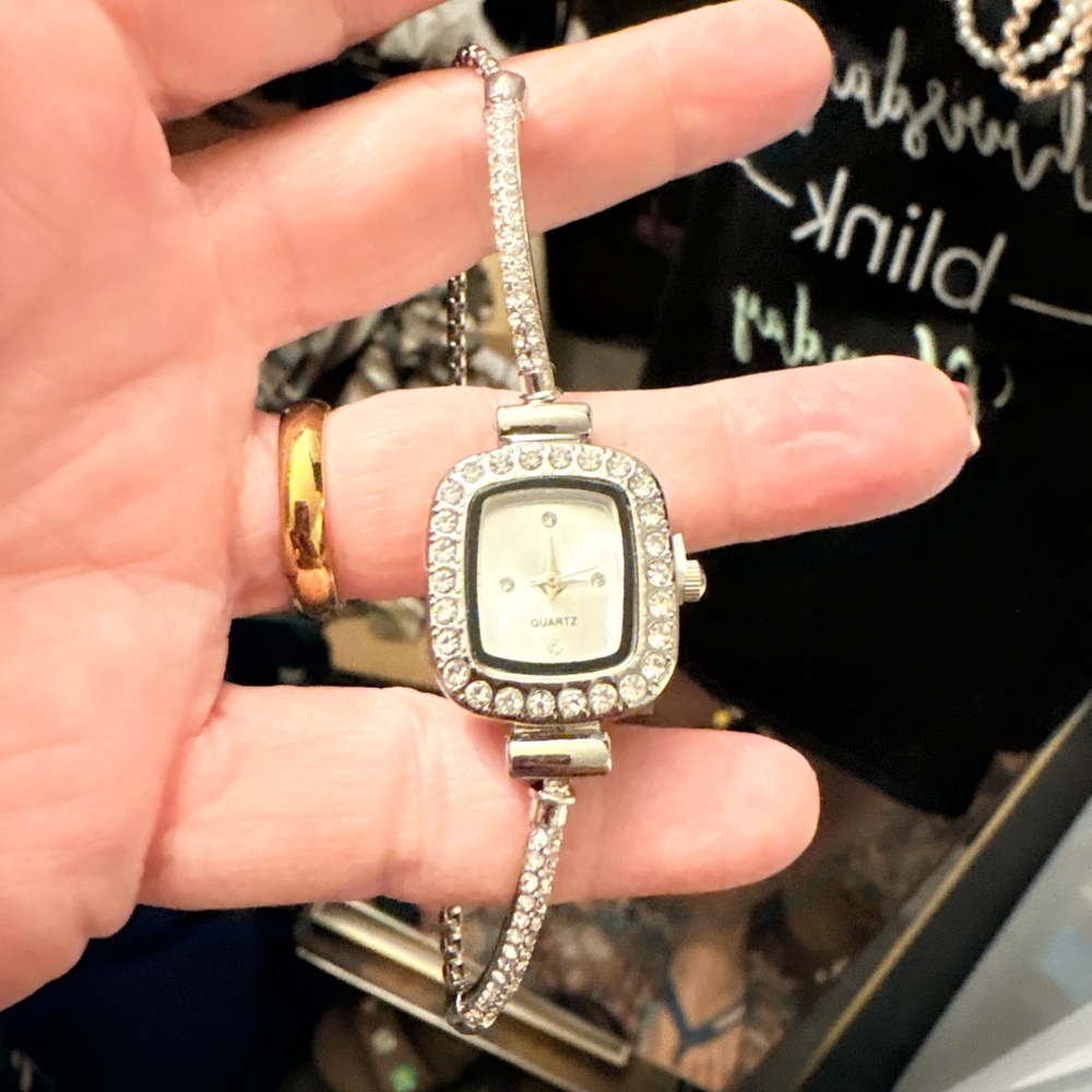Crystal-Trim Silver Women's Quartz Bracelet Watch